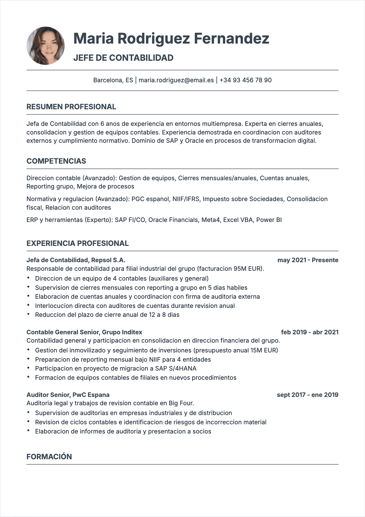 Ejemplo de CV Jefe de contabilidad