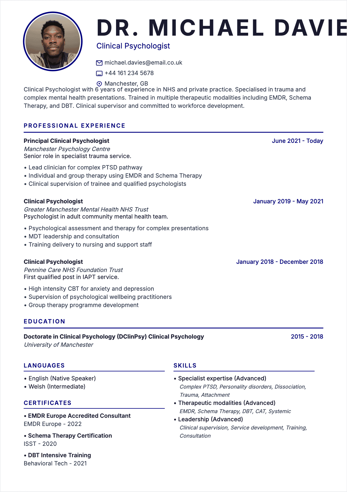 Psychologist resume example