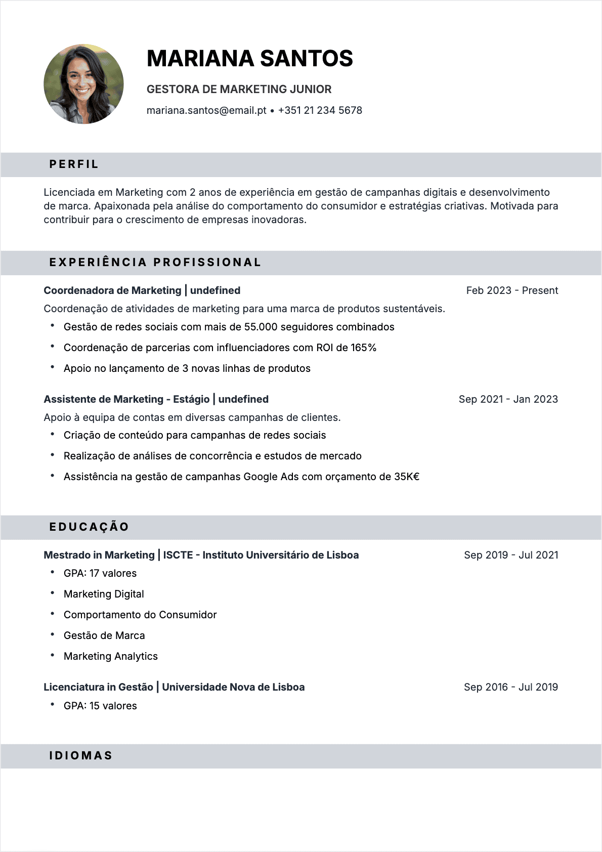 CV Responsável de marketing - Junior CV Responsável de marketing Junior - CV Responsável de marketing