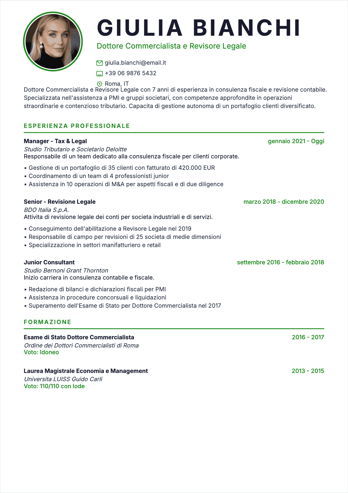 Esempio di CV Revisore contabile