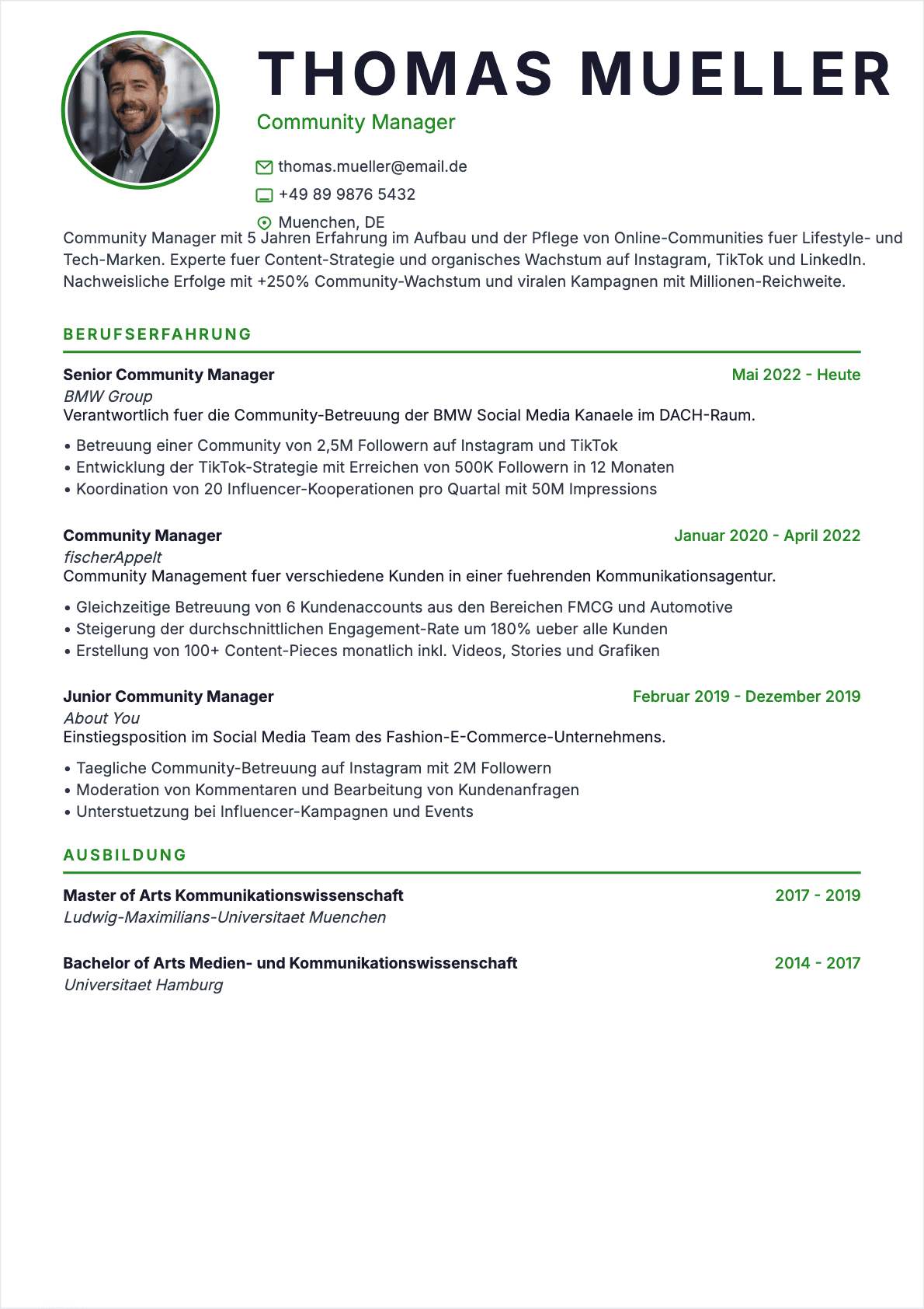 Modèle de CV CV Community Manager - Niveau Erfahren | Template professionnel optimisé ATS