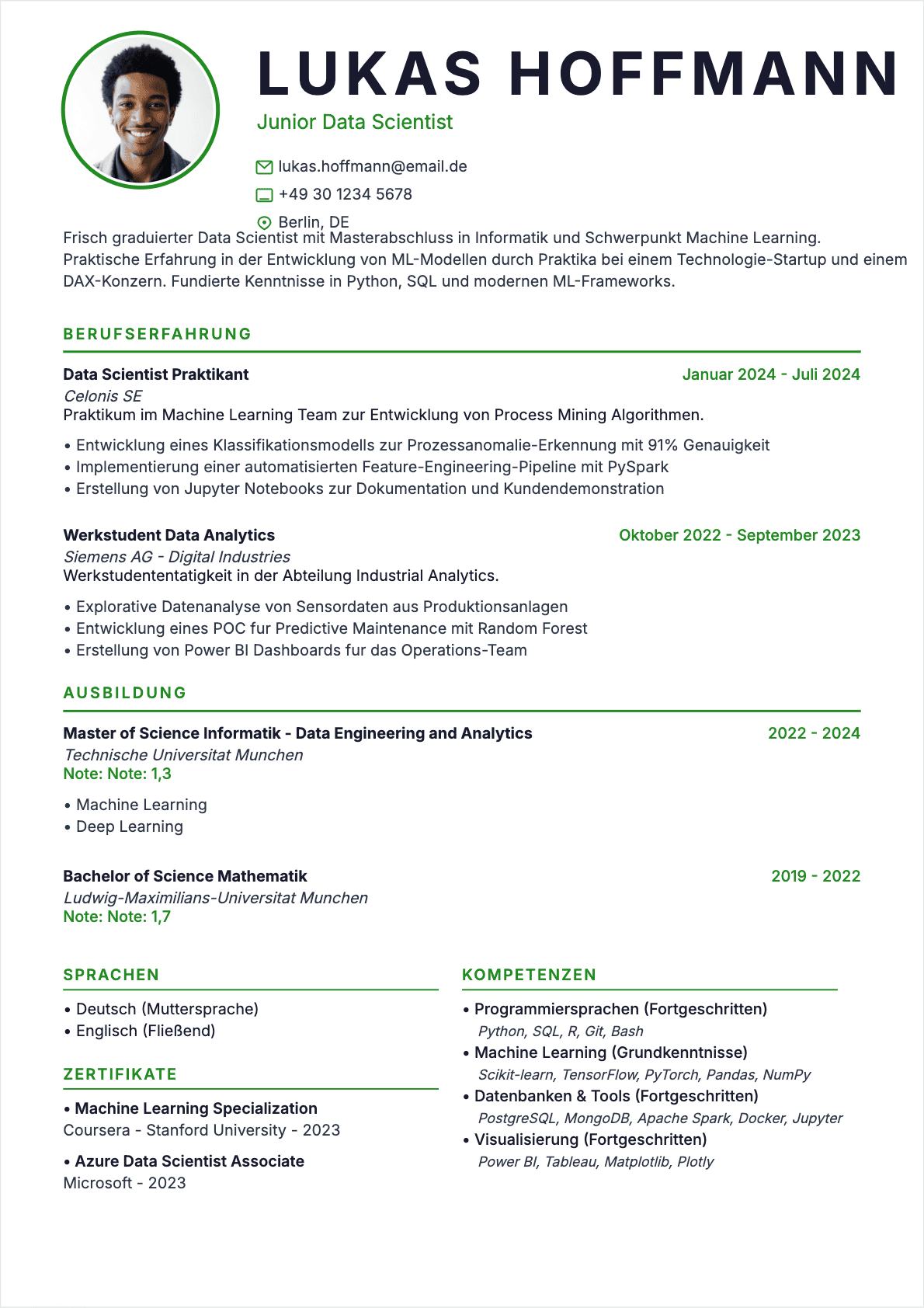 Modèle de CV CV Data Scientist - Niveau Anfänger | Template professionnel optimisé ATS