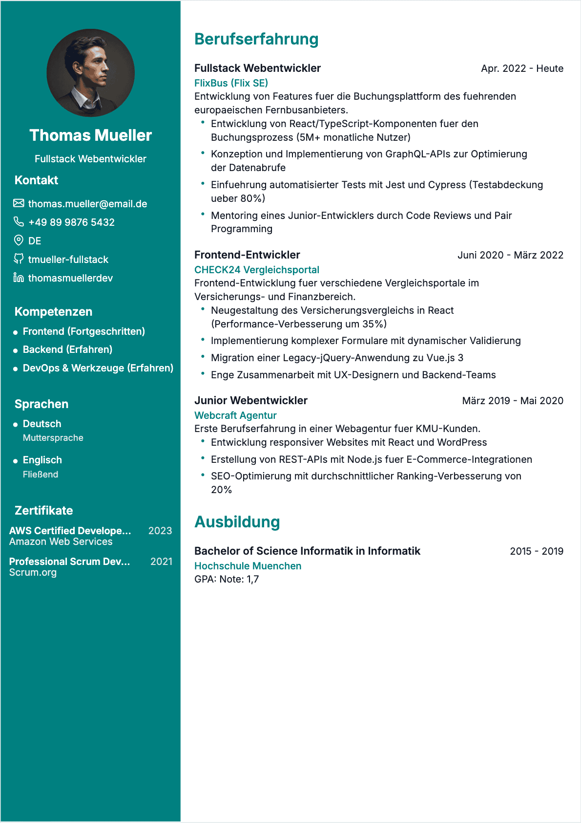 Modèle de CV CV Webentwickler - Niveau Erfahren | Template professionnel optimisé ATS