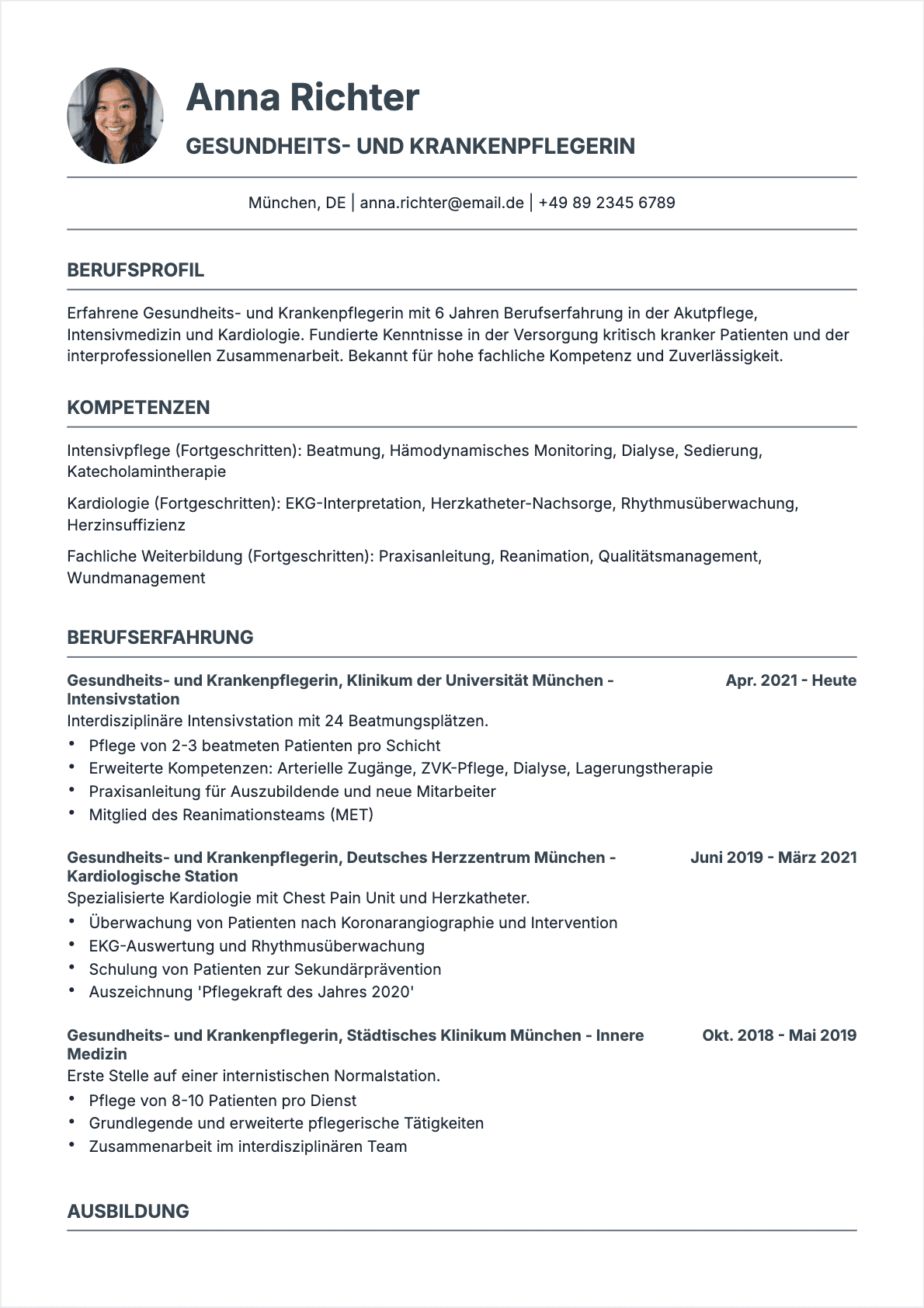 Modèle de CV CV Krankenpfleger - Niveau Erfahren | Template professionnel optimisé ATS