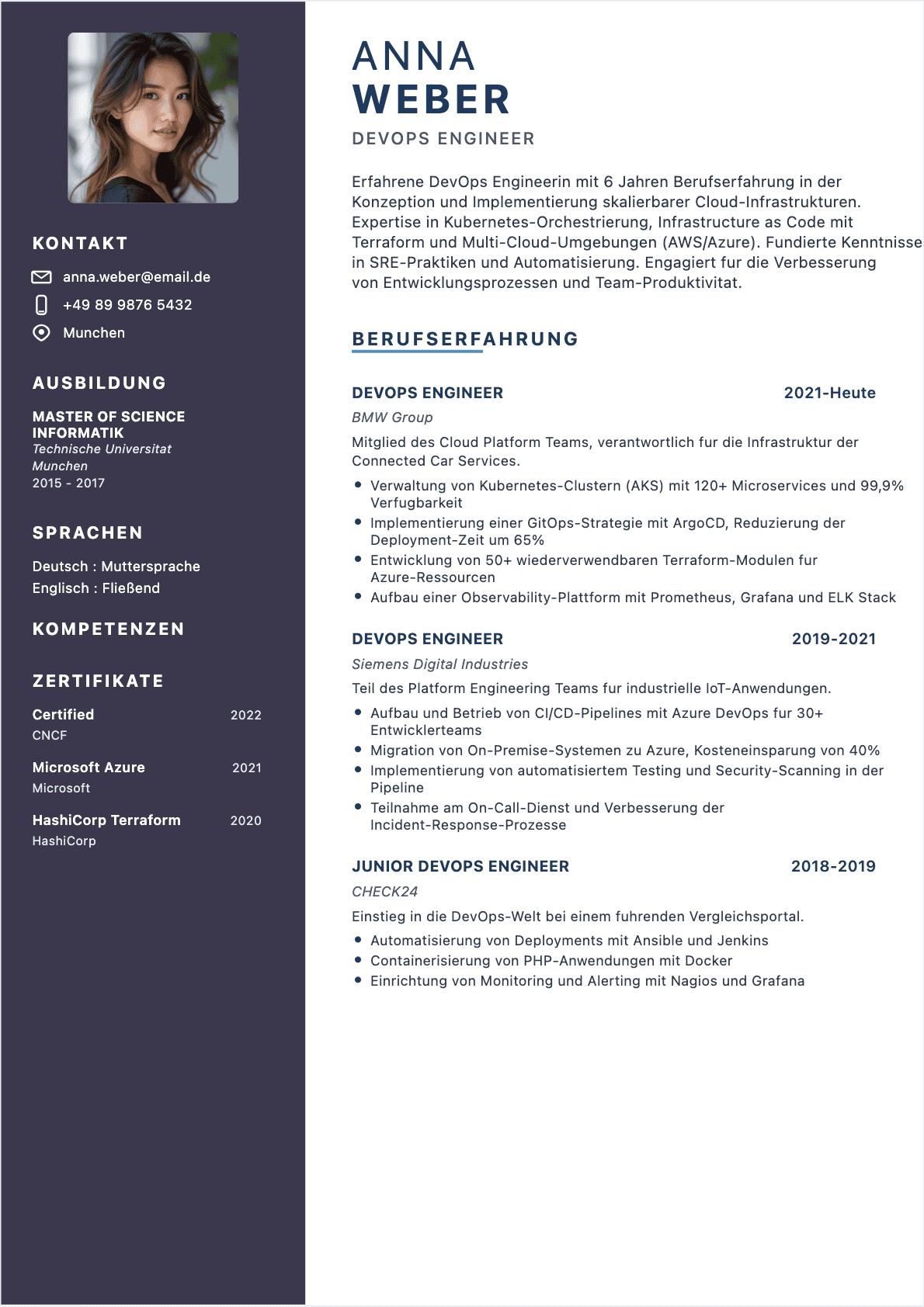 Modèle de CV CV DevOps-Ingenieur - Niveau Erfahren | Template professionnel optimisé ATS