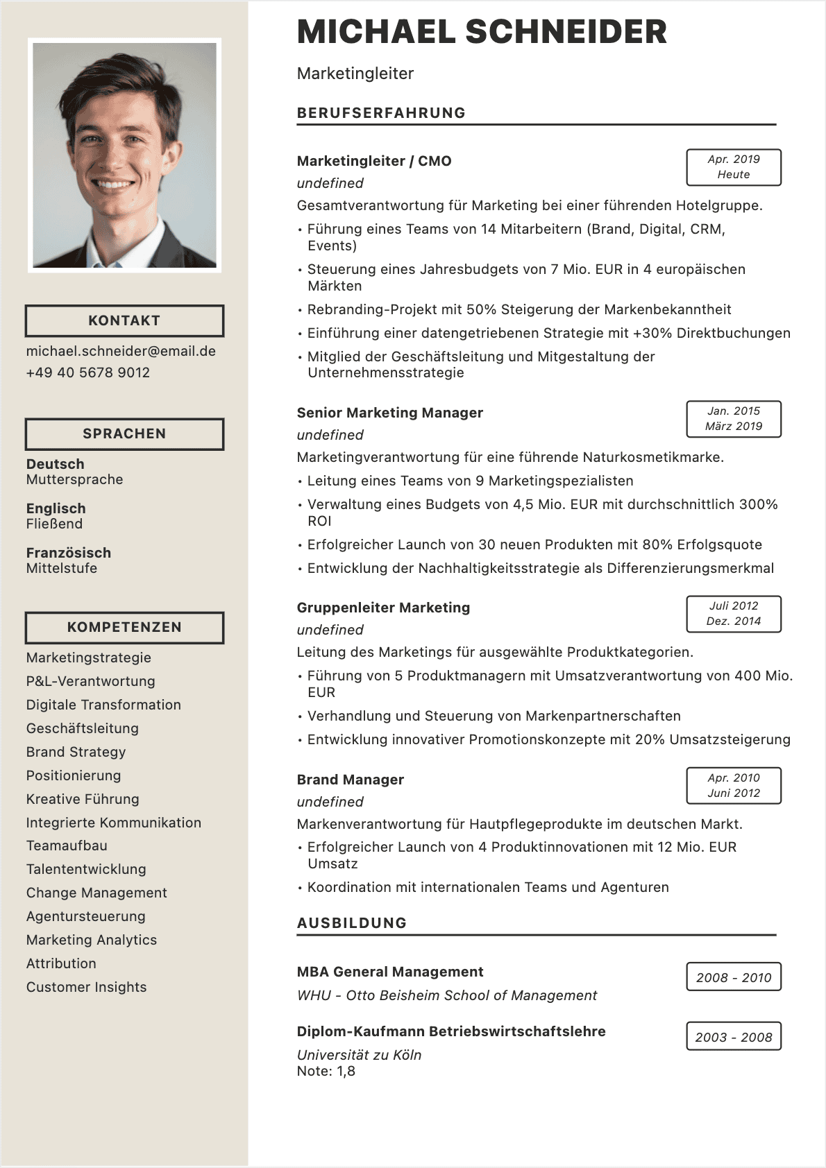 Modèle de CV CV Marketingleiter - Niveau Senior | Template professionnel optimisé ATS