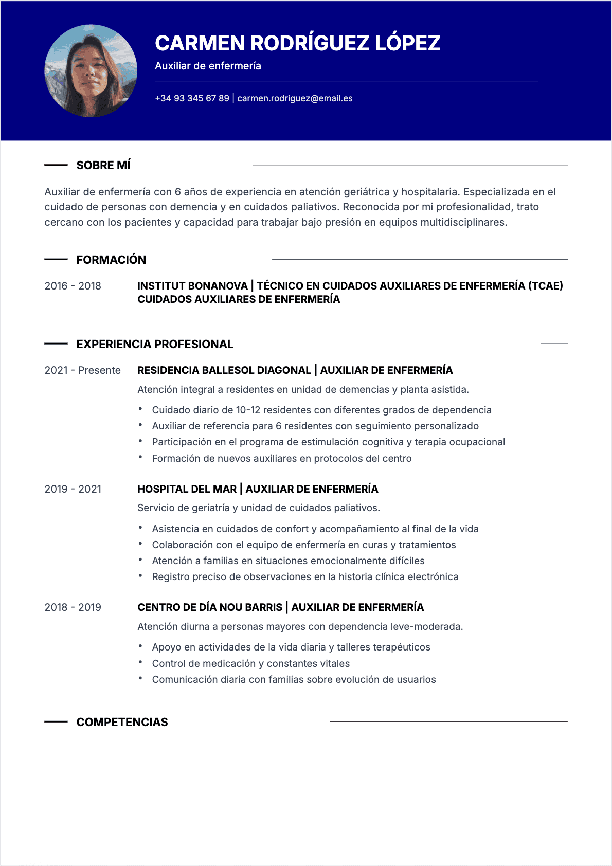 Modèle de CV CV Auxiliar de Enfermería - Niveau Experimentado | Template professionnel optimisé ATS
