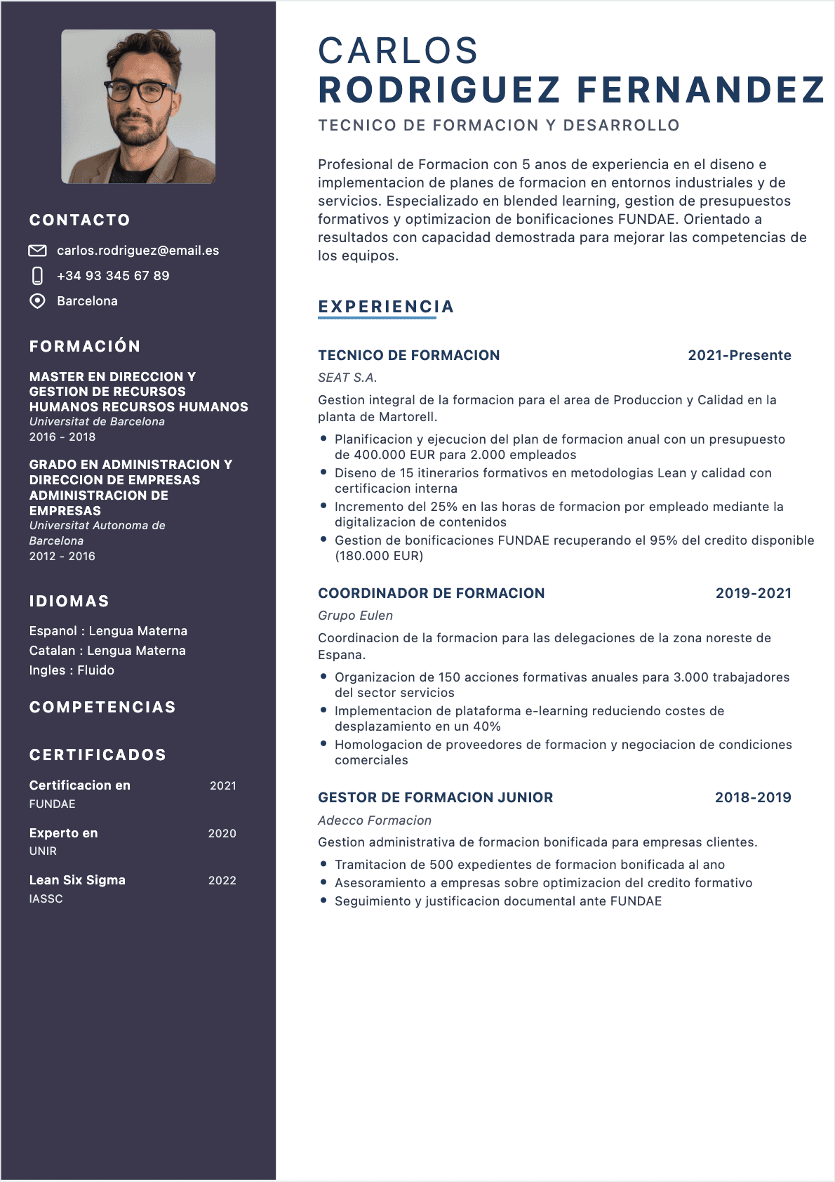 Modèle de CV CV Responsable de formación - Niveau Experimentado | Template professionnel optimisé ATS