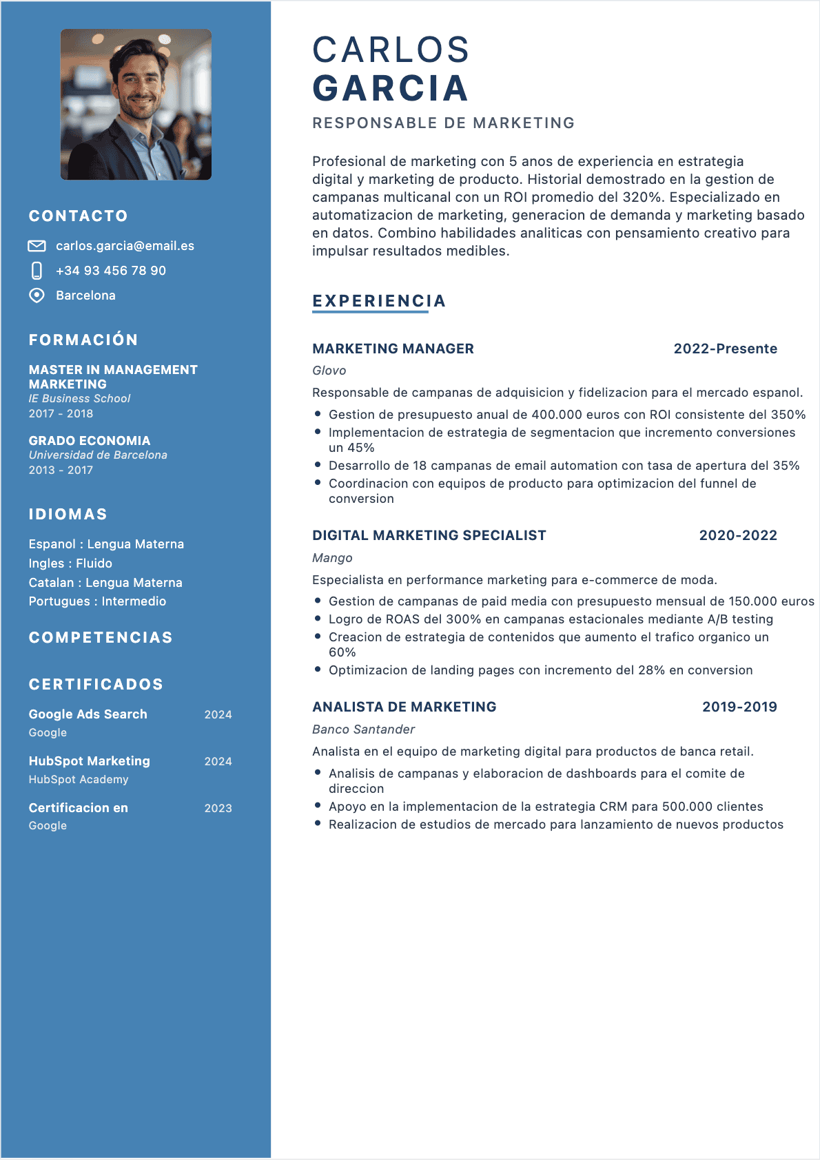 Modèle de CV CV Especialista en marketing - Niveau Experimentado | Template professionnel optimisé ATS