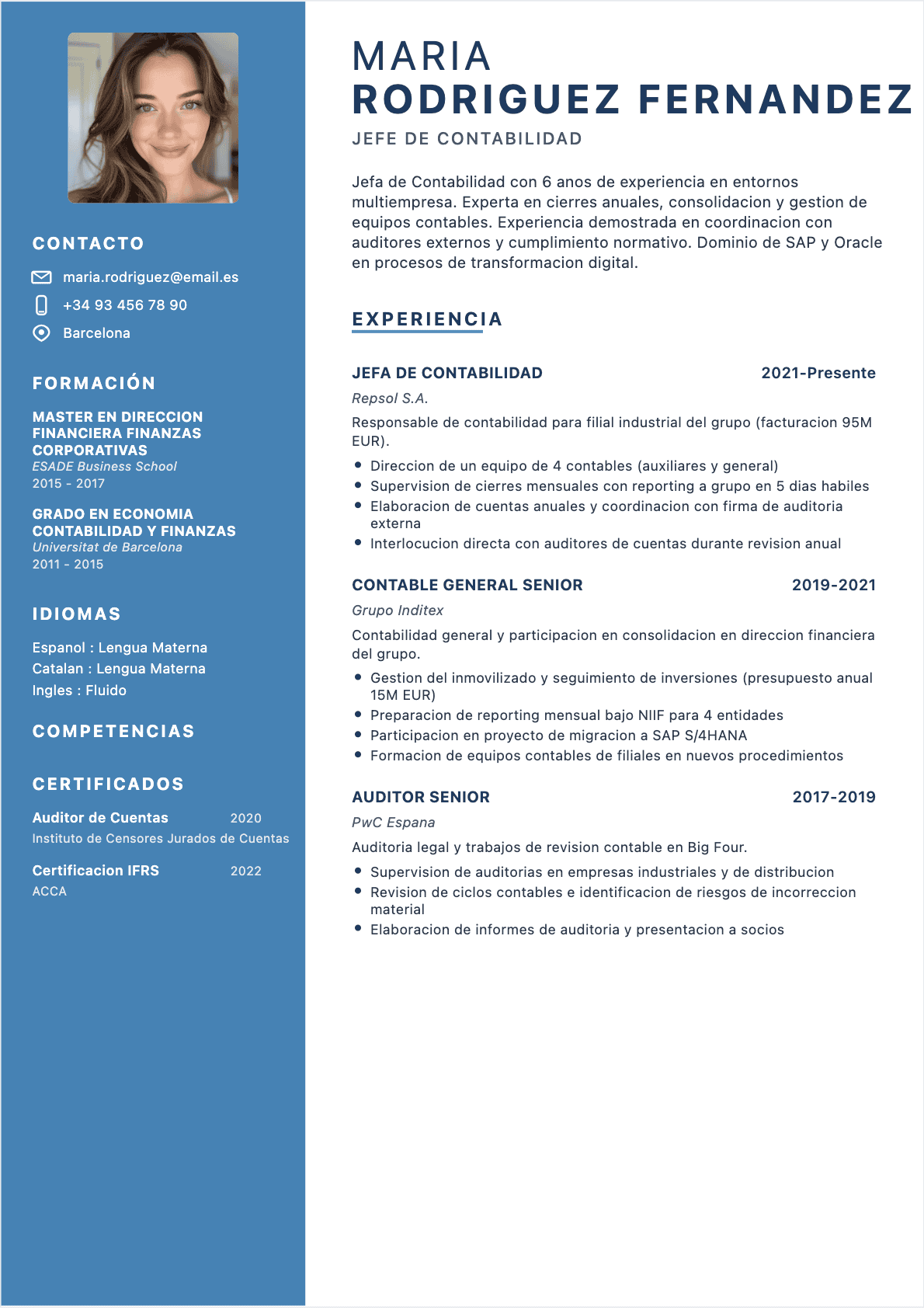 Modèle de CV CV Jefe de contabilidad - Niveau Experimentado | Template professionnel optimisé ATS