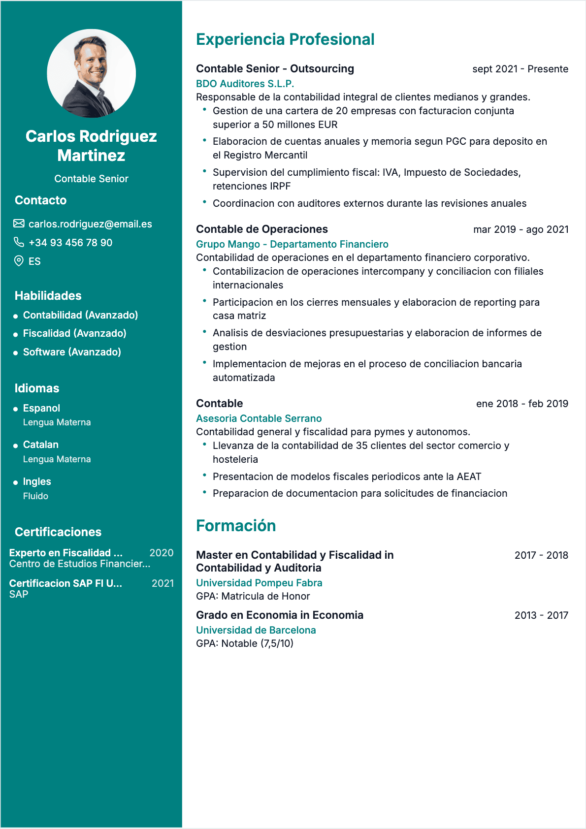 Modèle de CV CV Contable - Niveau Experimentado | Template professionnel optimisé ATS
