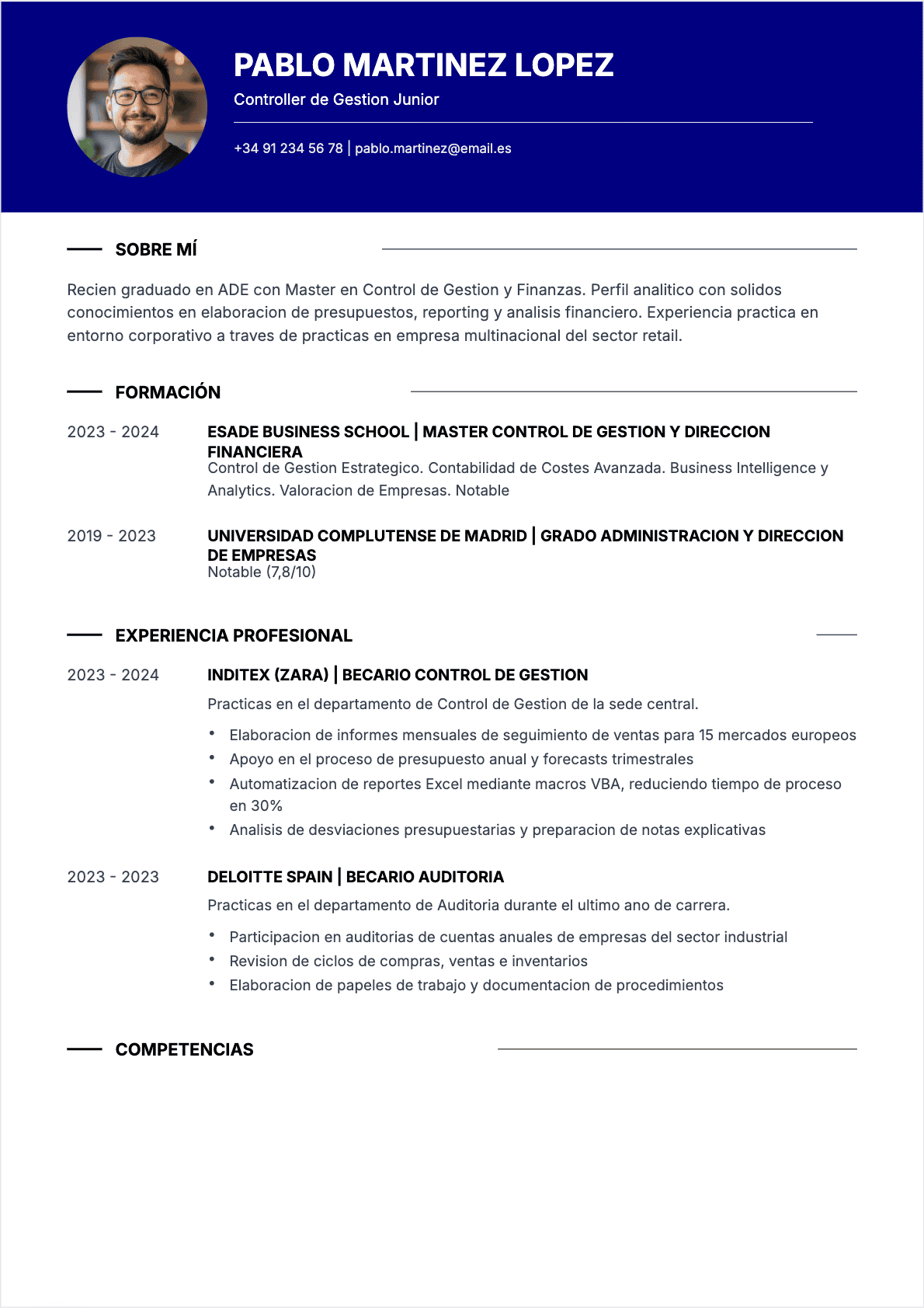 Modèle de CV CV Controlador de gestión - Niveau Principiante | Template professionnel optimisé ATS