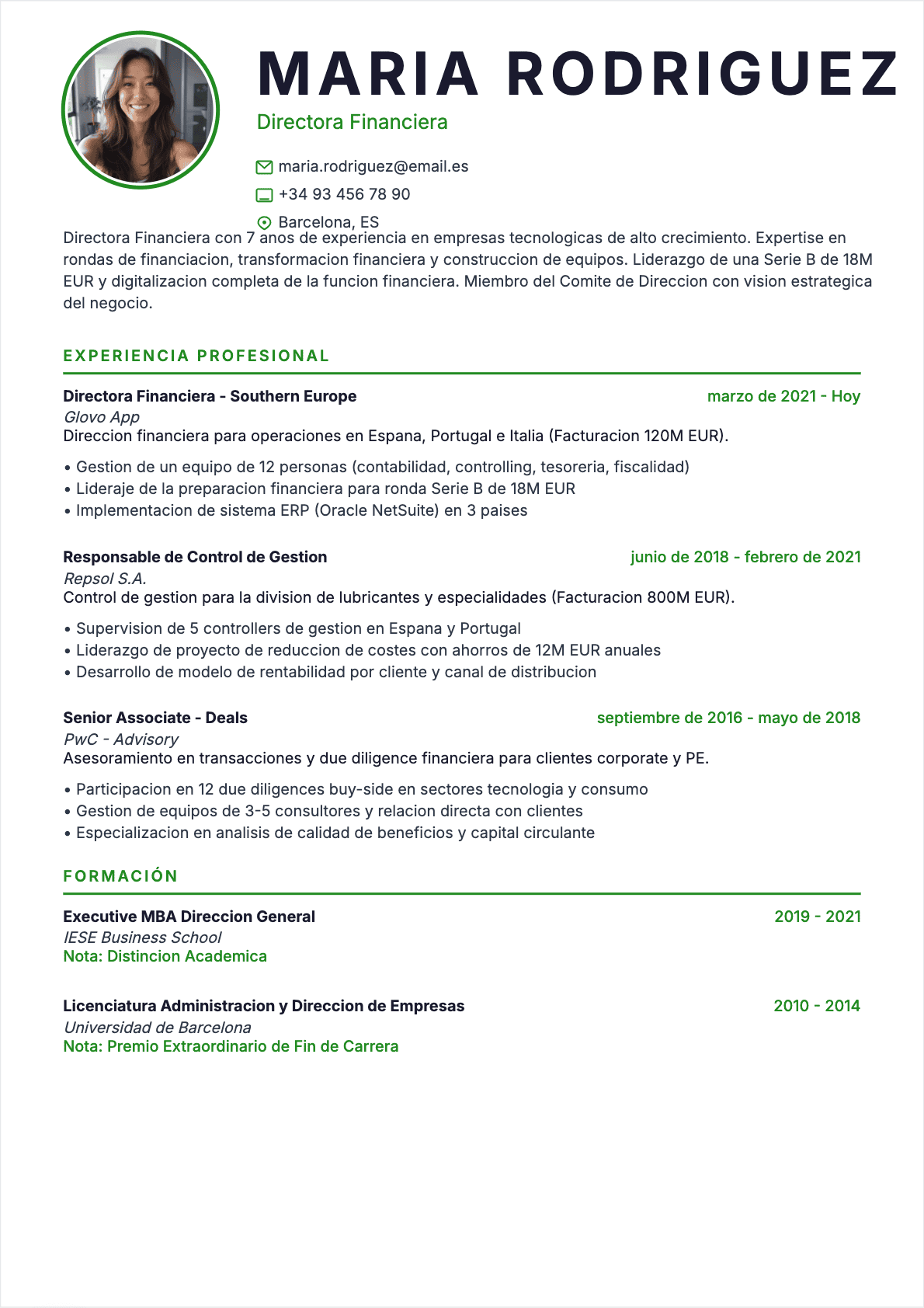 Modèle de CV CV Director financiero - Niveau Experimentado | Template professionnel optimisé ATS