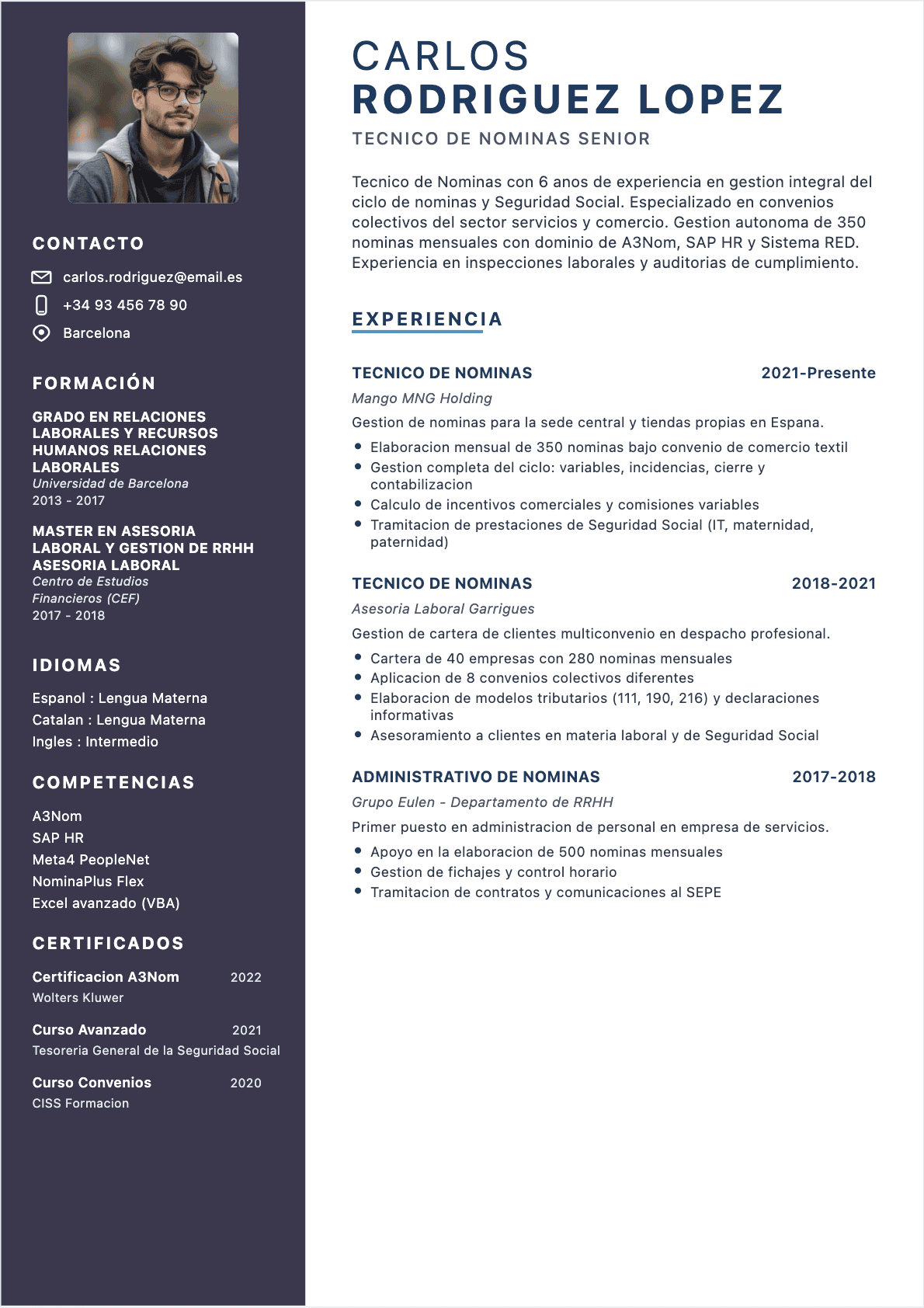Modèle de CV CV Gestor de nóminas - Niveau Experimentado | Template professionnel optimisé ATS