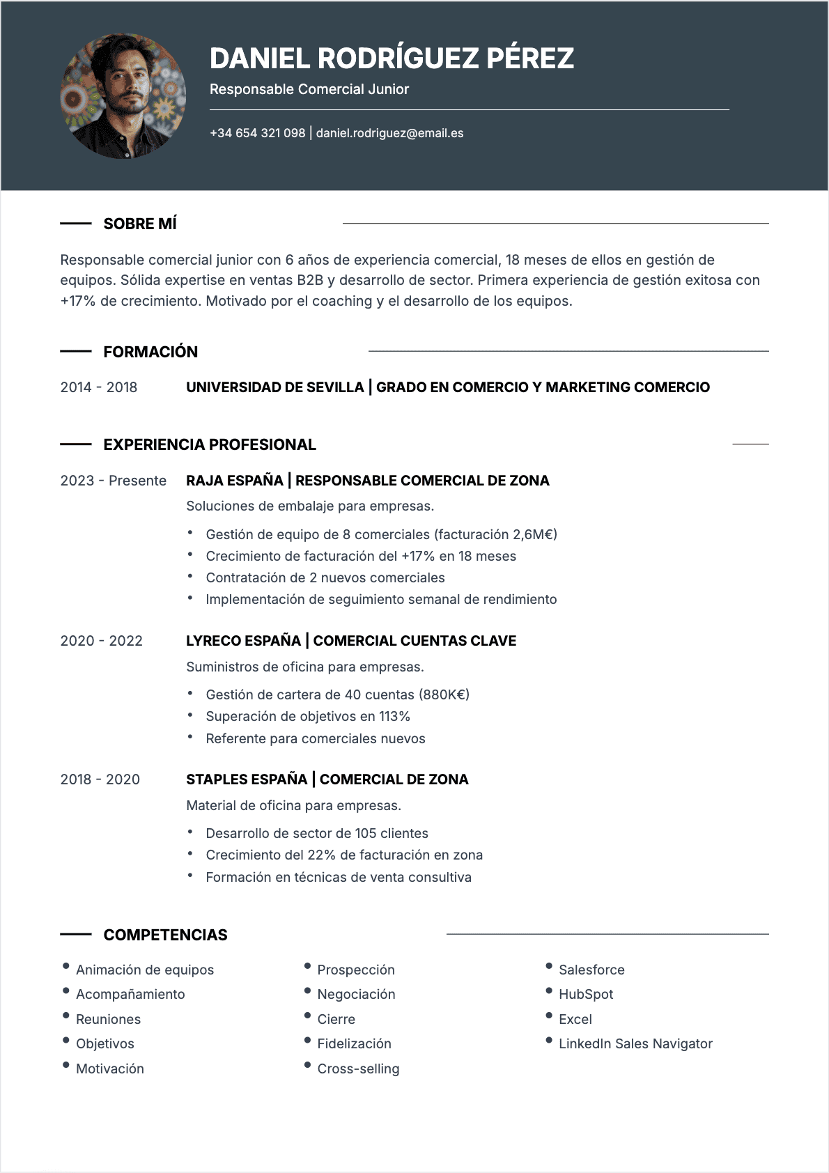 Modèle de CV CV Responsable comercial - Niveau Principiante | Template professionnel optimisé ATS