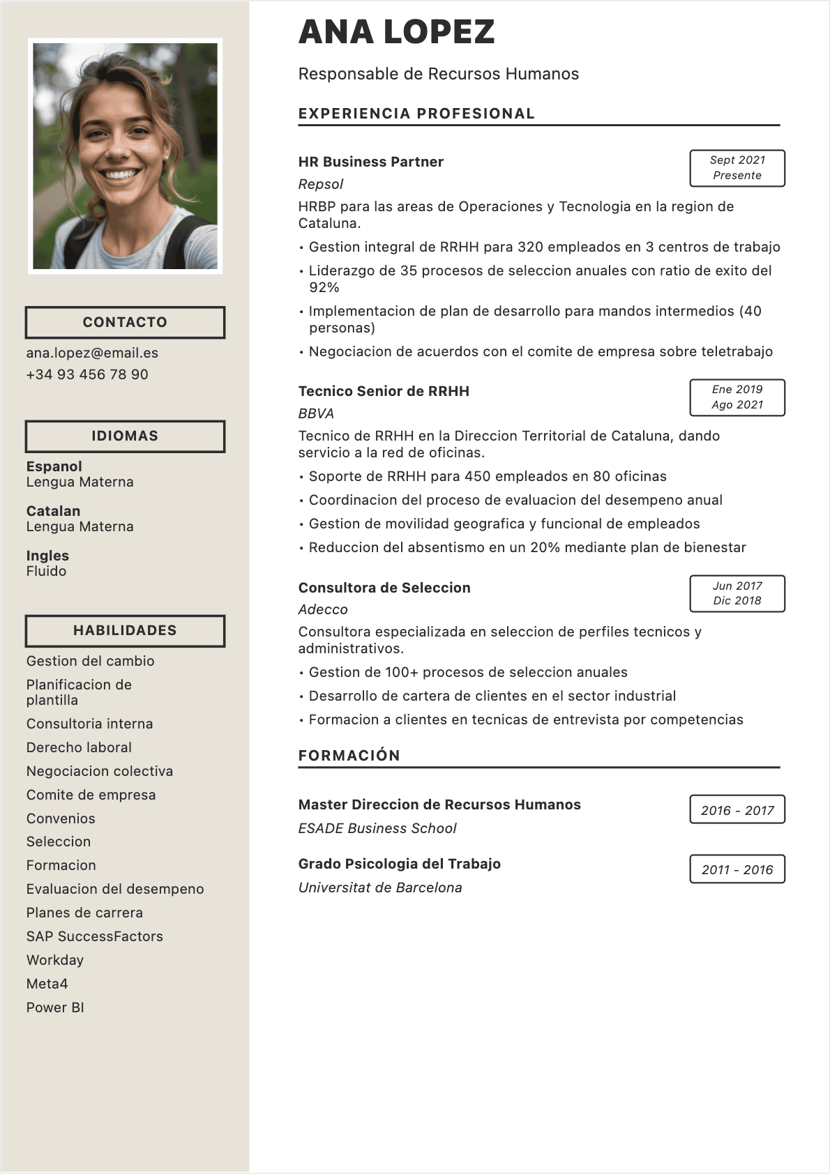 Modèle de CV CV Responsable de RRHH - Niveau Experimentado | Template professionnel optimisé ATS
