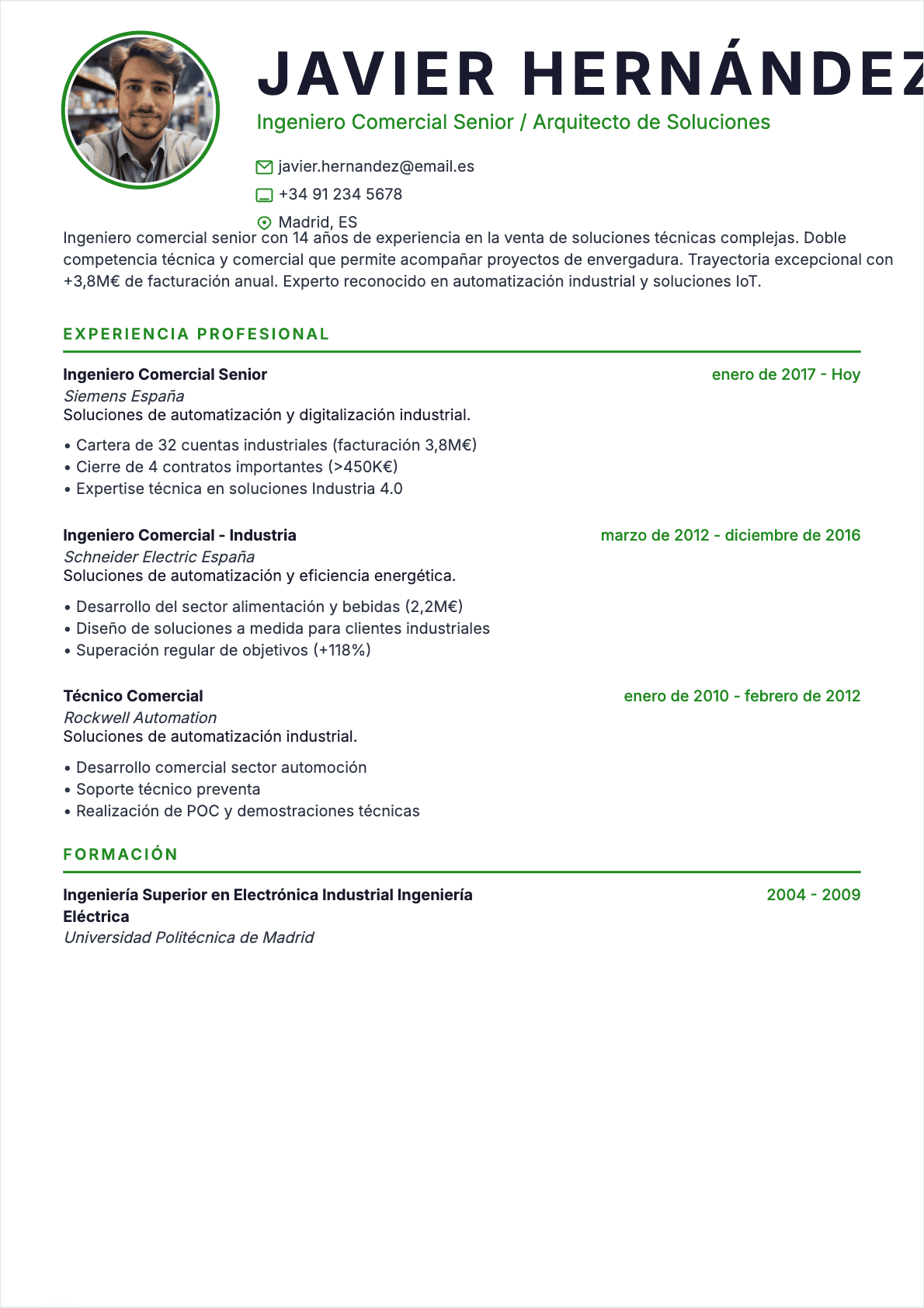 Modèle de CV CV Técnico comercial - Niveau Senior | Template professionnel optimisé ATS