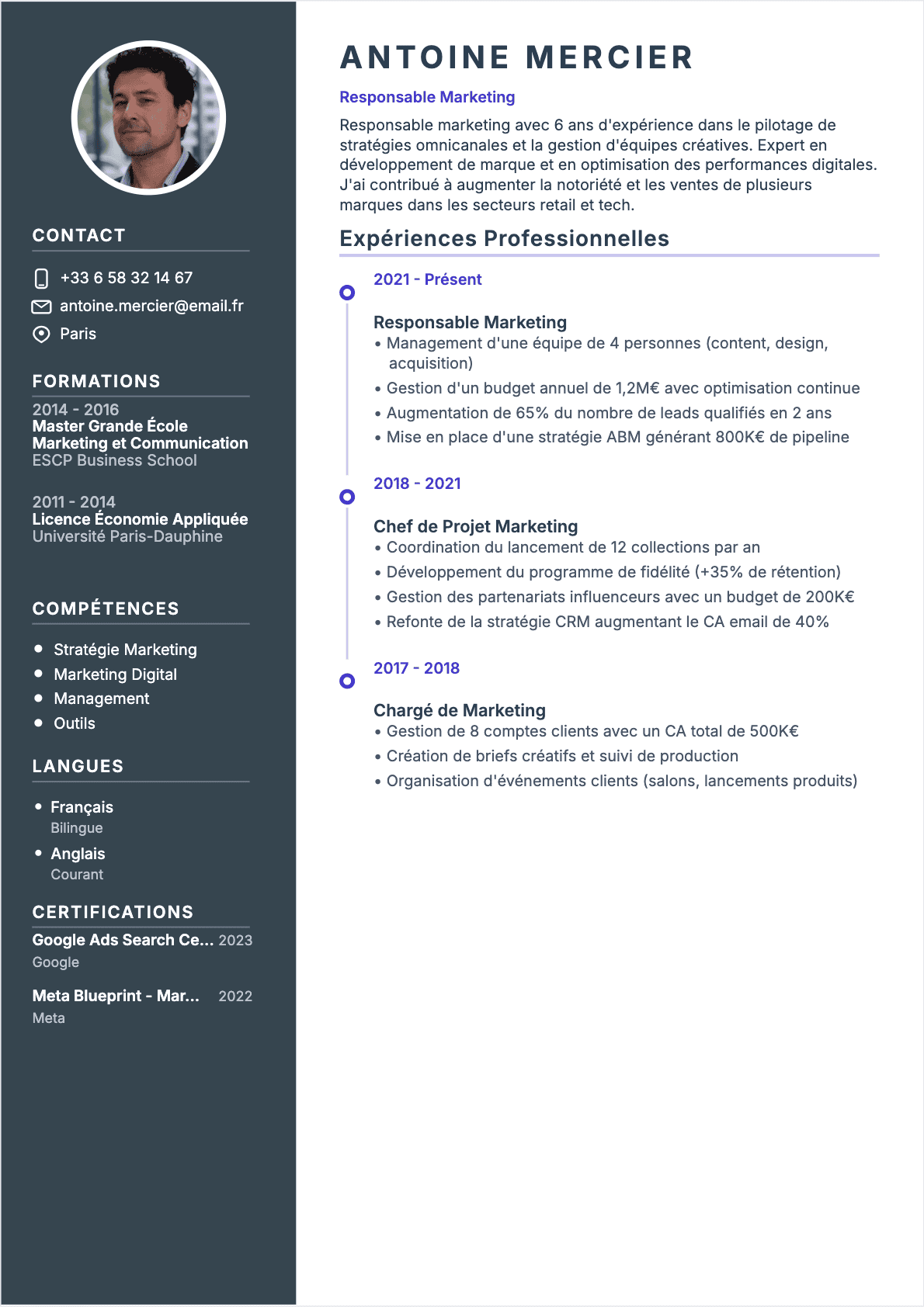 Modèle de CV CV Responsable marketing - Niveau Confirmé | Template professionnel optimisé ATS
