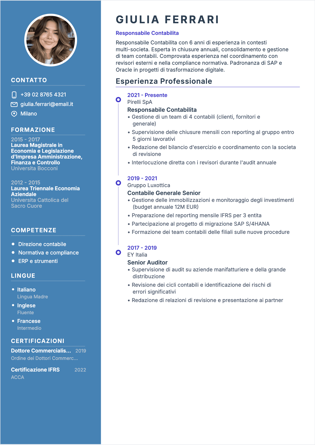 Modèle de CV CV Capo contabile - Niveau Esperto | Template professionnel optimisé ATS