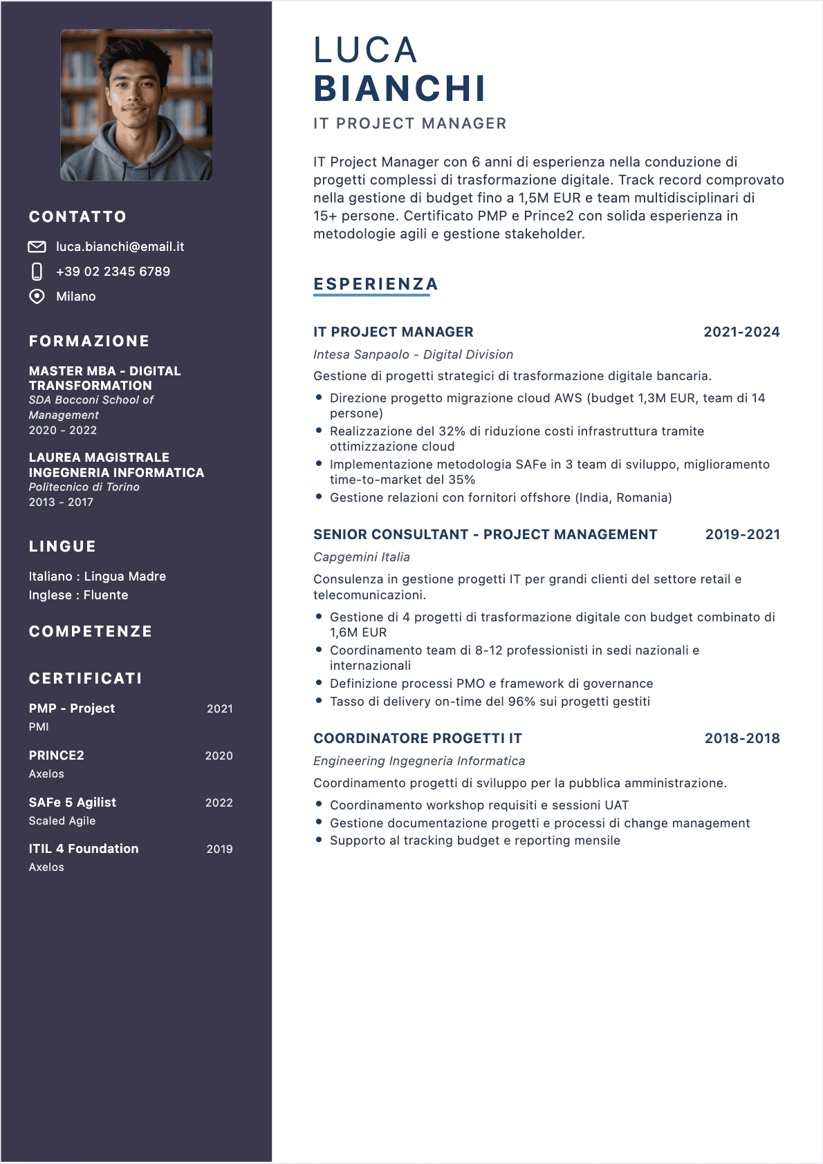 Modèle de CV CV Project manager IT - Niveau Esperto | Template professionnel optimisé ATS