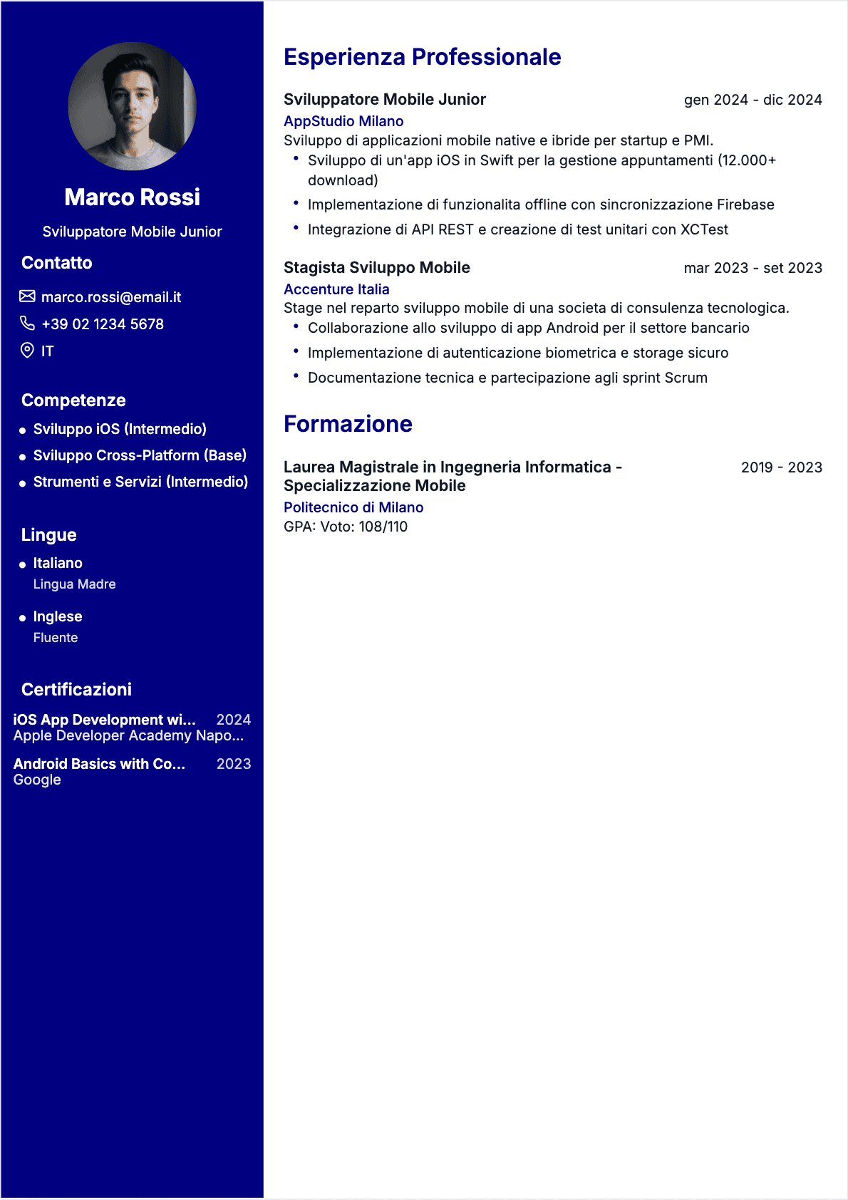 Modèle de CV CV Sviluppatore mobile - Niveau Principiante | Template professionnel optimisé ATS