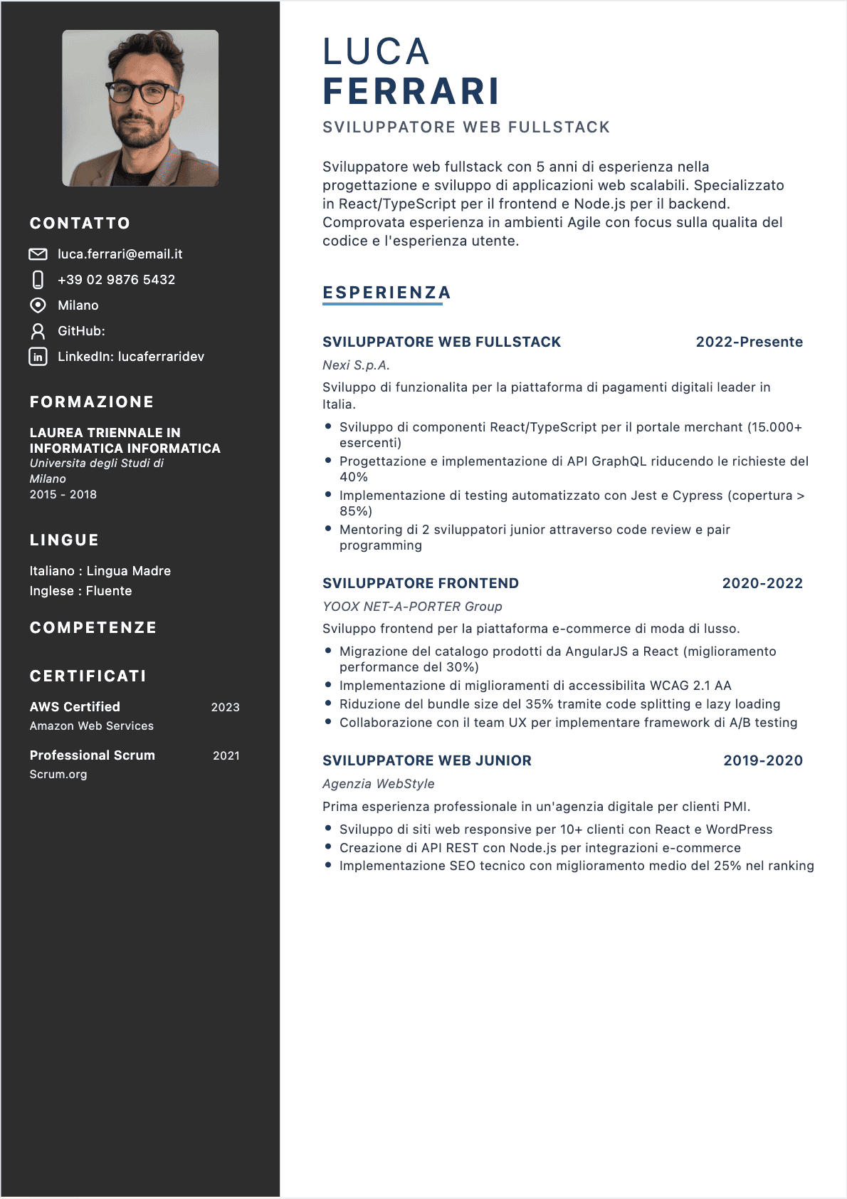 Modèle de CV CV Sviluppatore web - Niveau Esperto | Template professionnel optimisé ATS