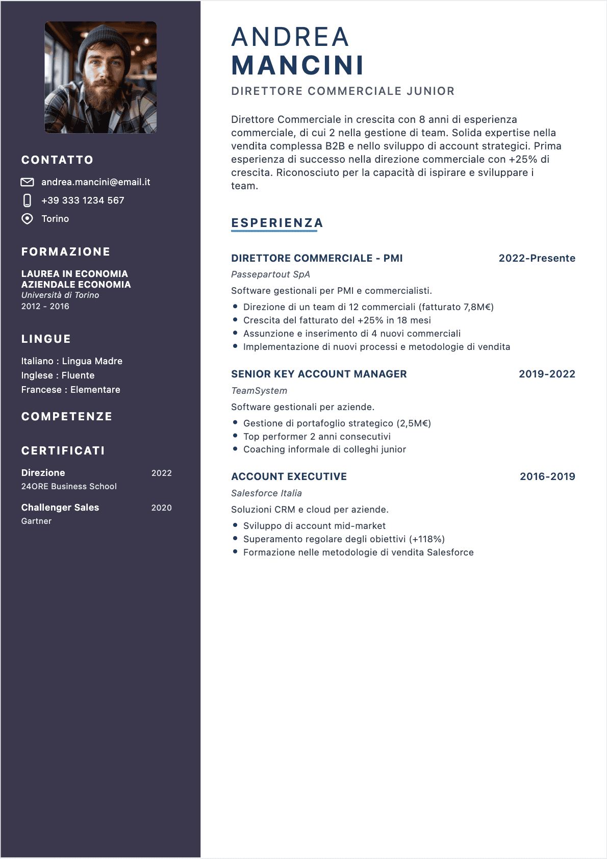 Modèle de CV CV Direttore commerciale - Niveau Principiante | Template professionnel optimisé ATS