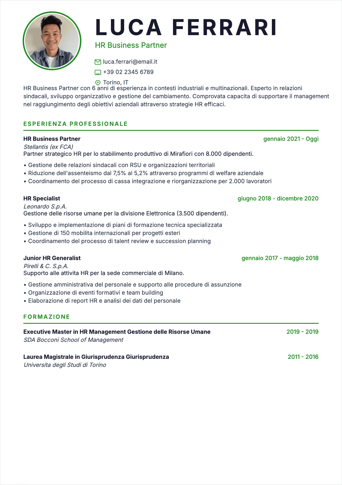 Modèle de CV CV Direttore risorse umane - Niveau Esperto | Template professionnel optimisé ATS