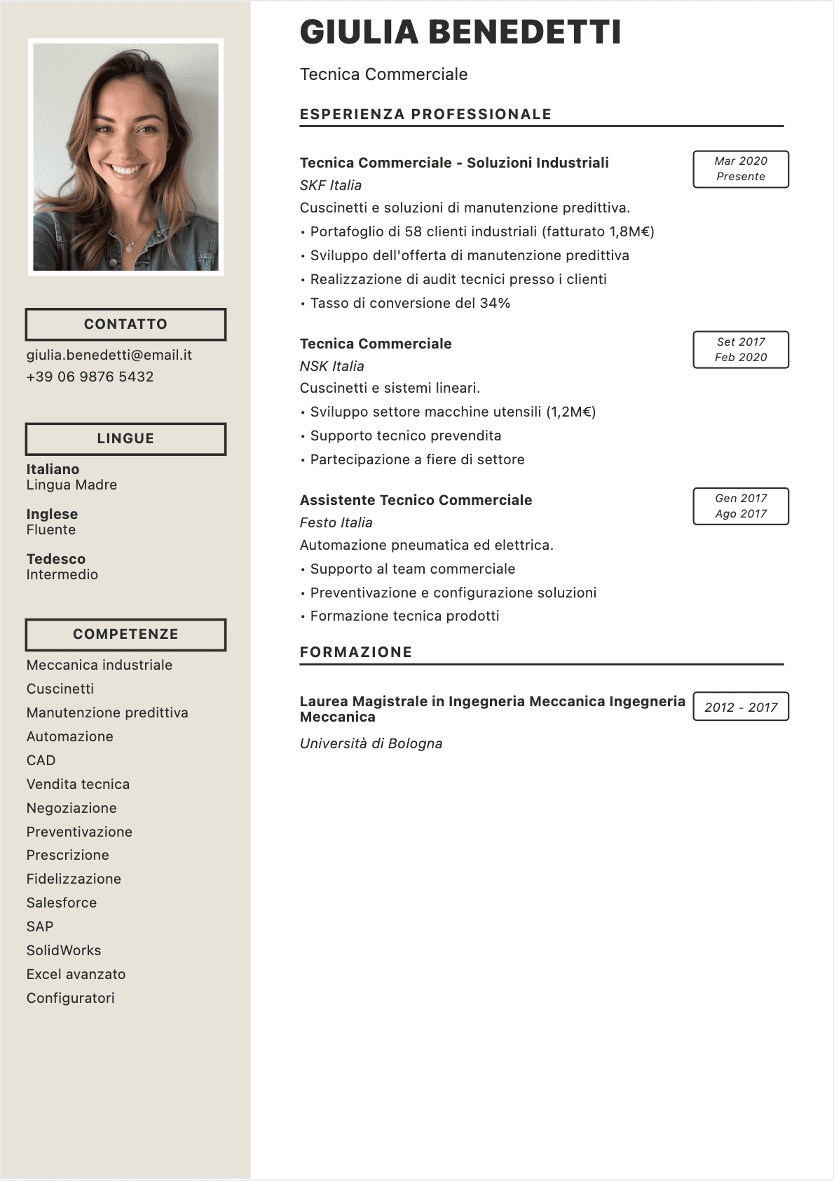 Modèle de CV CV Tecnico commerciale - Niveau Esperto | Template professionnel optimisé ATS