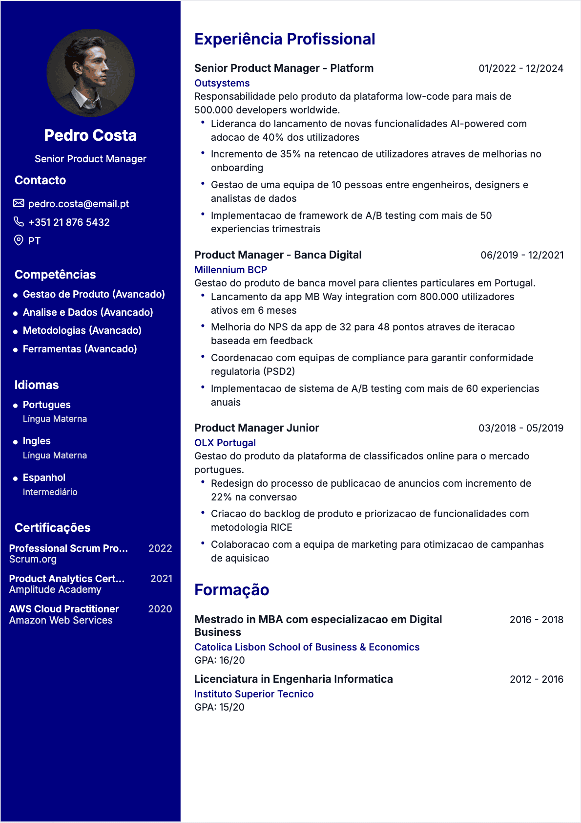 Modèle de CV CV Gestor de produto - Niveau Experiente | Template professionnel optimisé ATS